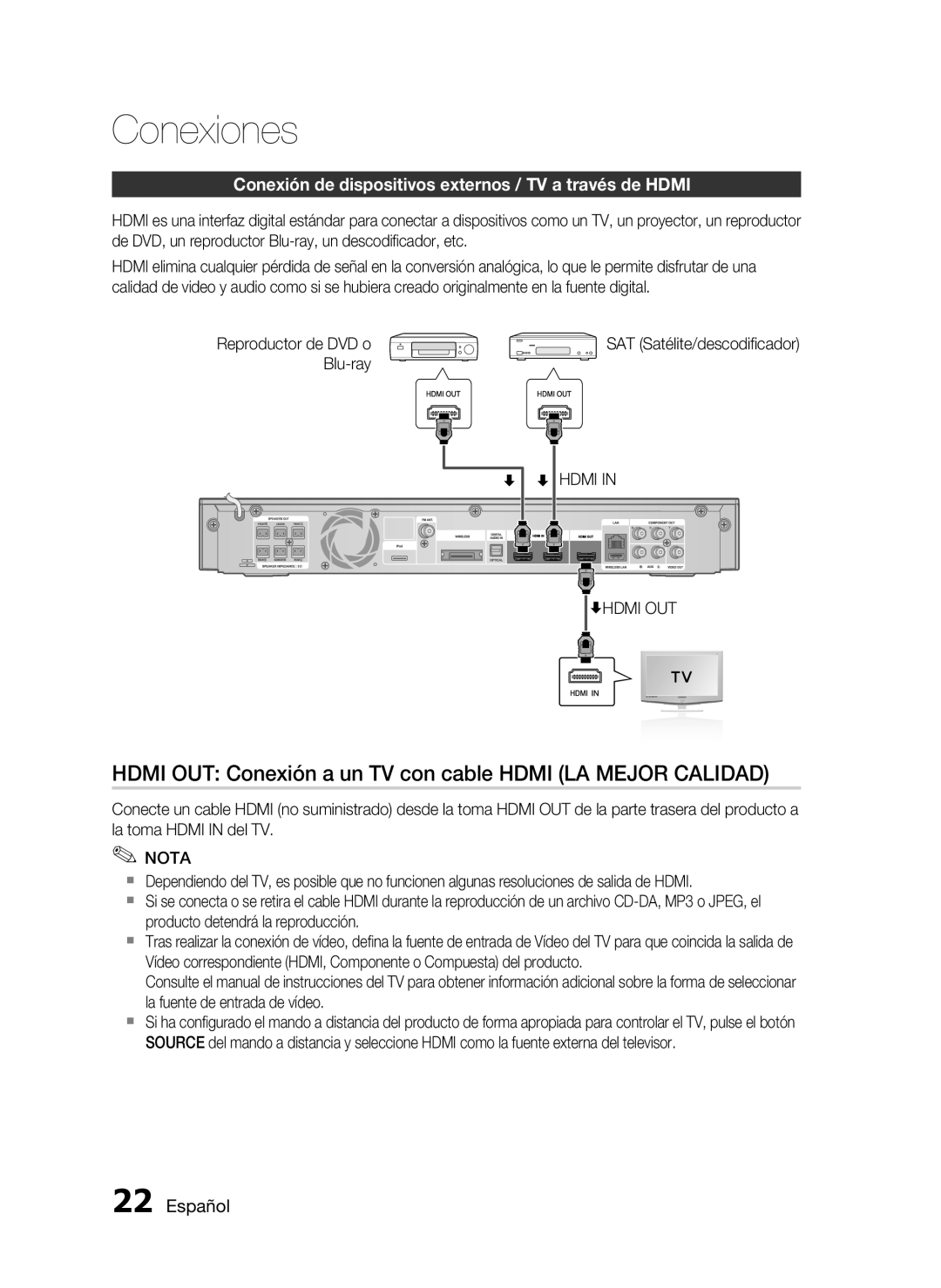 Samsung HT-C5550/XEF, HT-C5500/XEF manual Hdmi OUT Conexión a un TV con cable Hdmi LA Mejor Calidad, Blu-ray, Hdmi Hdmi OUT 