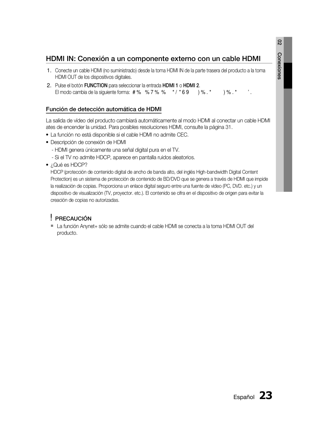 Samsung HT-C5500/XEF Hdmi in Conexión a un componente externo con un cable Hdmi, Función de detección automática de Hdmi 