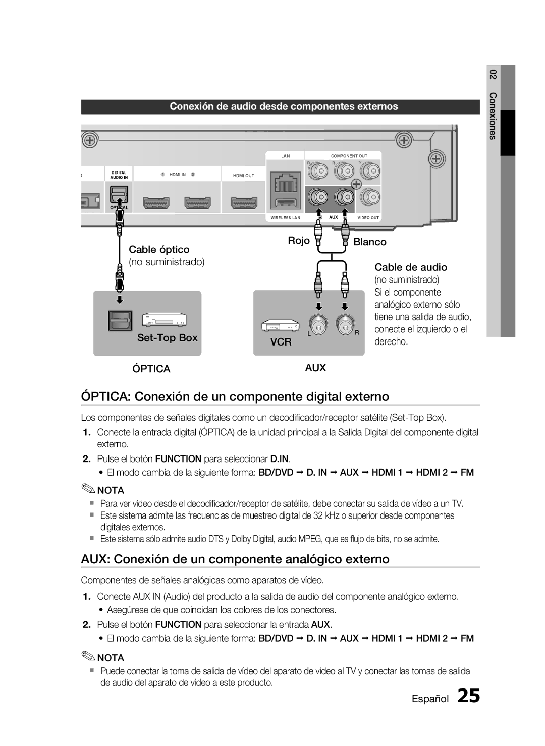 Samsung HT-C5500/XEF Óptica Conexión de un componente digital externo, AUX Conexión de un componente analógico externo 