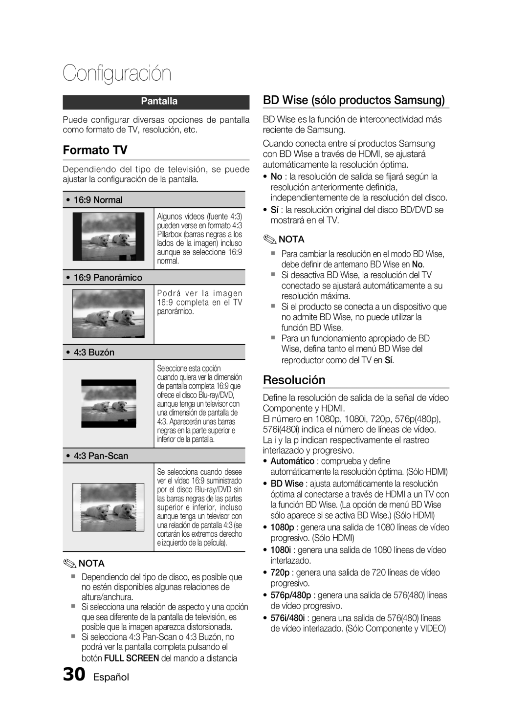 Samsung HT-C5550/XEF, HT-C5500/XEF manual BD Wise sólo productos Samsung, Resolución, Pantalla, Pan-Scan 