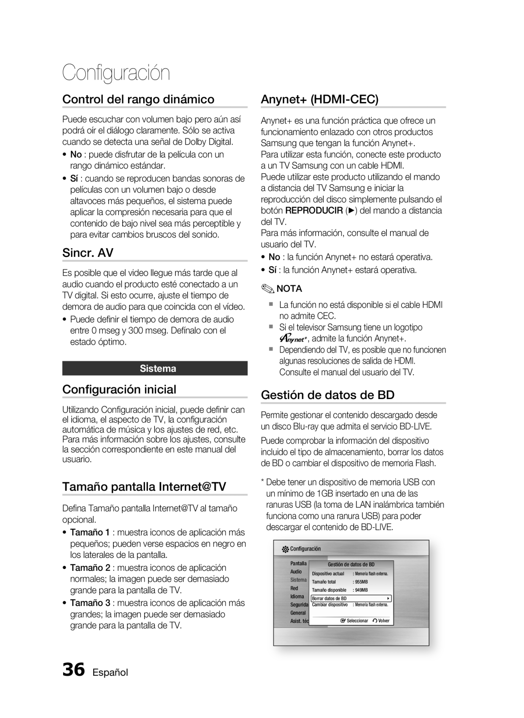 Samsung HT-C5550/XEF manual Control del rango dinámico, Sincr. AV, Conﬁguración inicial, Tamaño pantalla Internet@TV 