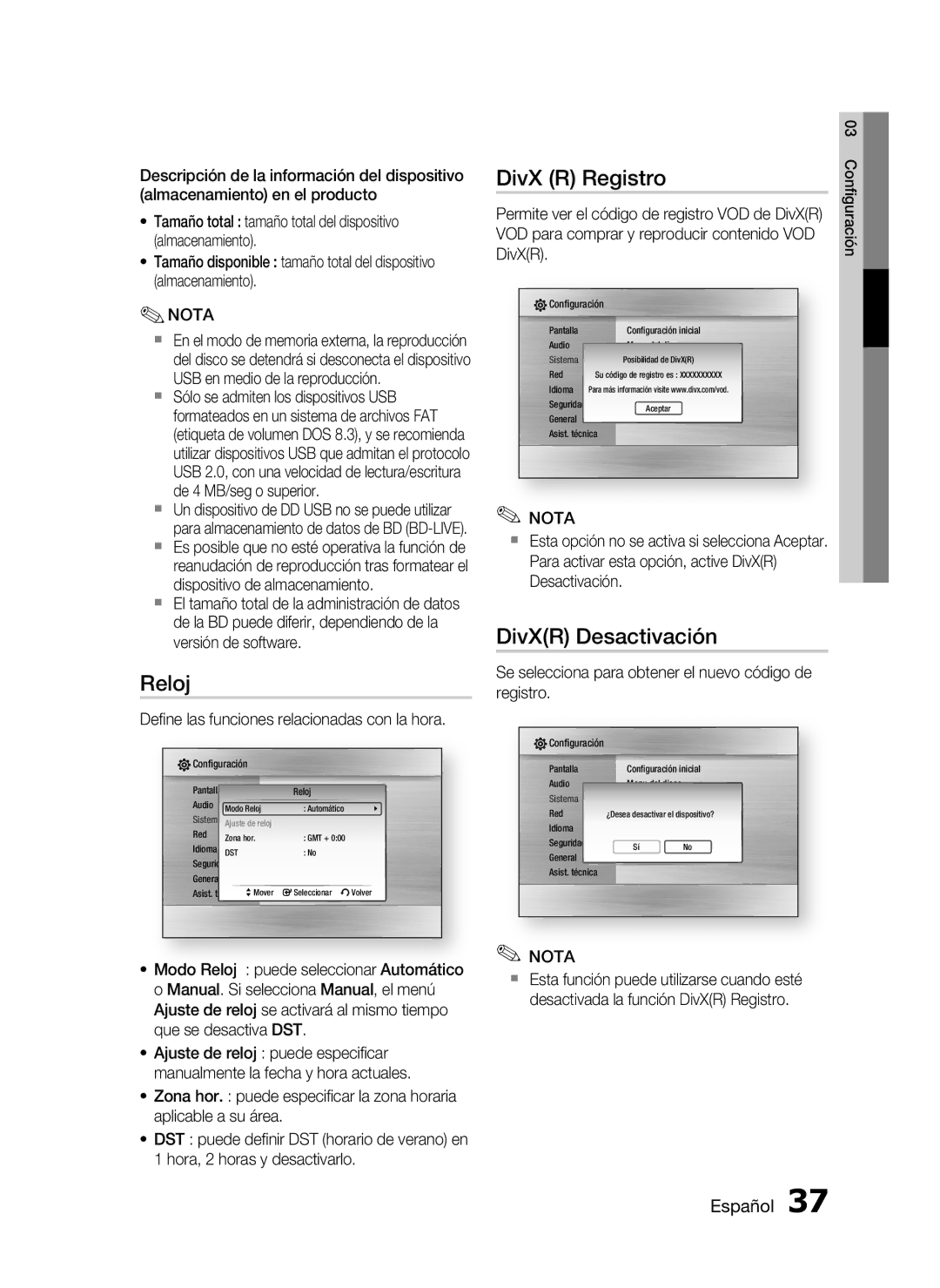 Samsung HT-C5500/XEF, HT-C5550/XEF manual Reloj, DivX R Registro, DivXR Desactivación 