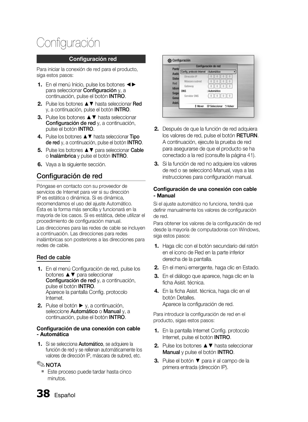 Samsung HT-C5550/XEF, HT-C5500/XEF manual Conﬁguración de red, Conﬁguración red, Red de cable, Vaya a la siguiente sección 