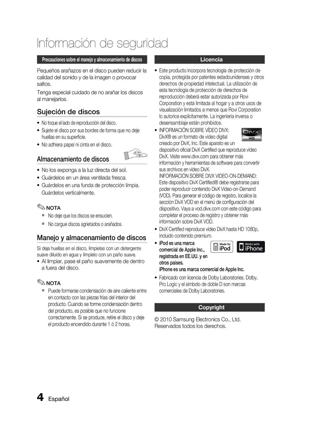 Samsung HT-C5550/XEF Sujeción de discos, Almacenamiento de discos, Manejo y almacenamiento de discos, Licencia, Copyright 