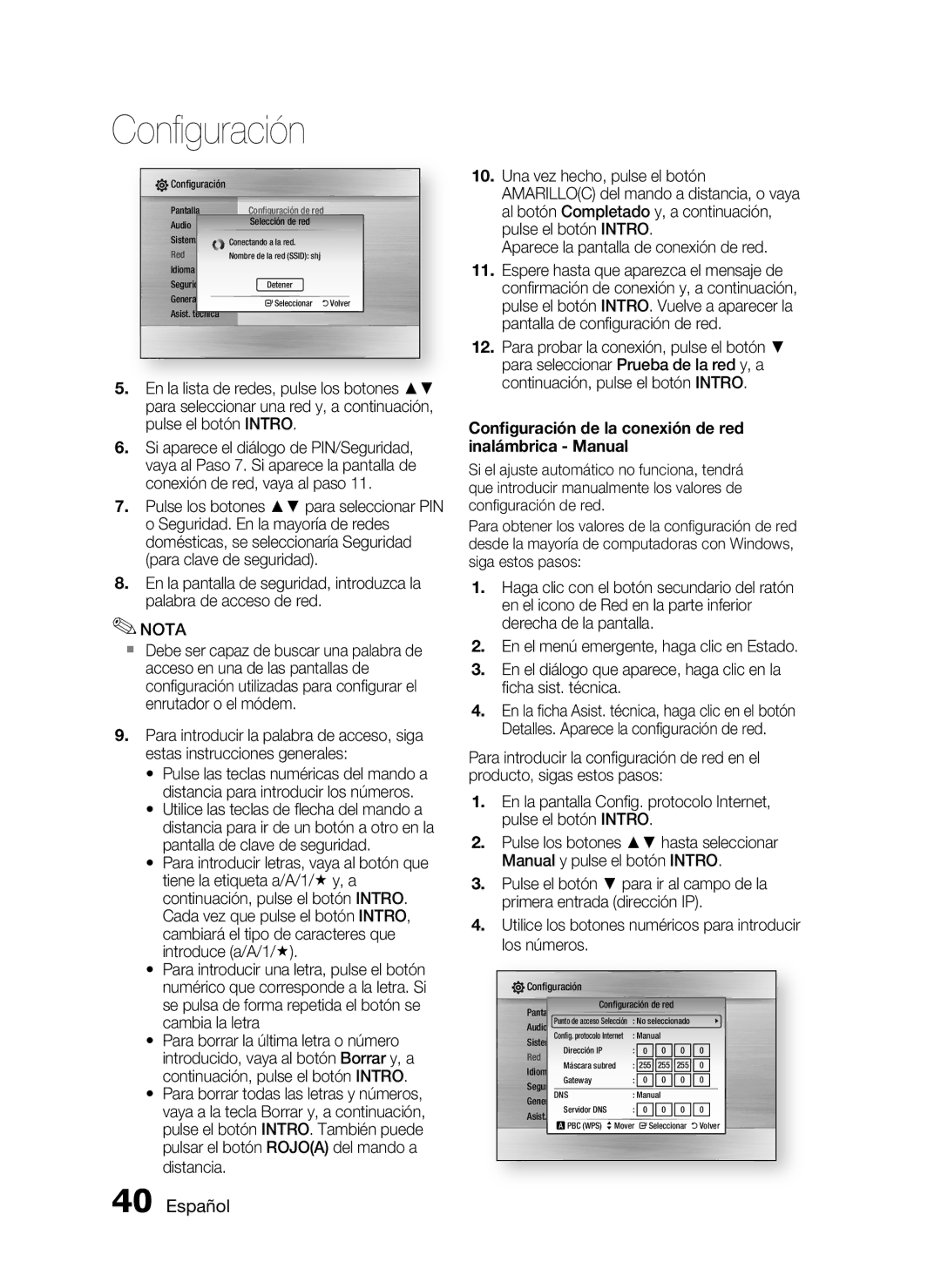 Samsung HT-C5550/XEF, HT-C5500/XEF manual Conﬁguración de la conexión de red inalámbrica Manual 