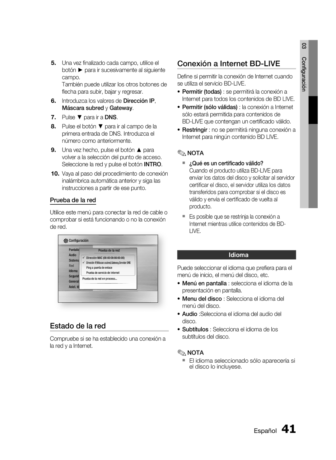 Samsung HT-C5500/XEF, HT-C5550/XEF manual Estado de la red, Conexión a Internet BD-LIVE, Prueba de la red, Idioma 