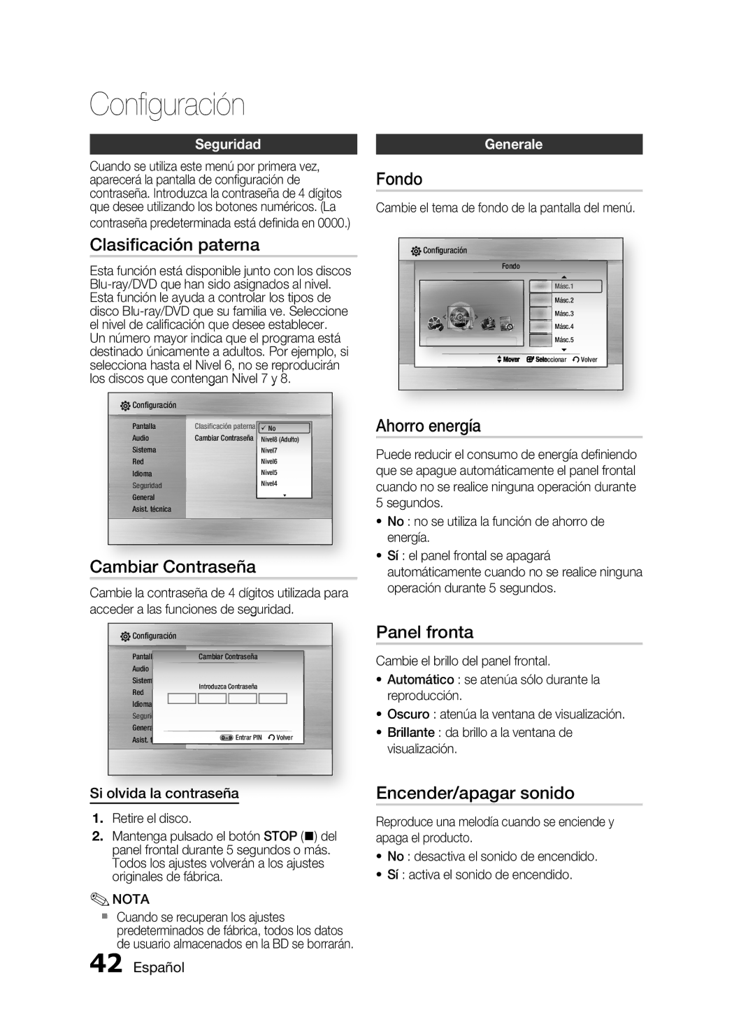 Samsung HT-C5550/XEF Clasiﬁcación paterna, Cambiar Contraseña, Fondo, Ahorro energía, Panel fronta, Encender/apagar sonido 