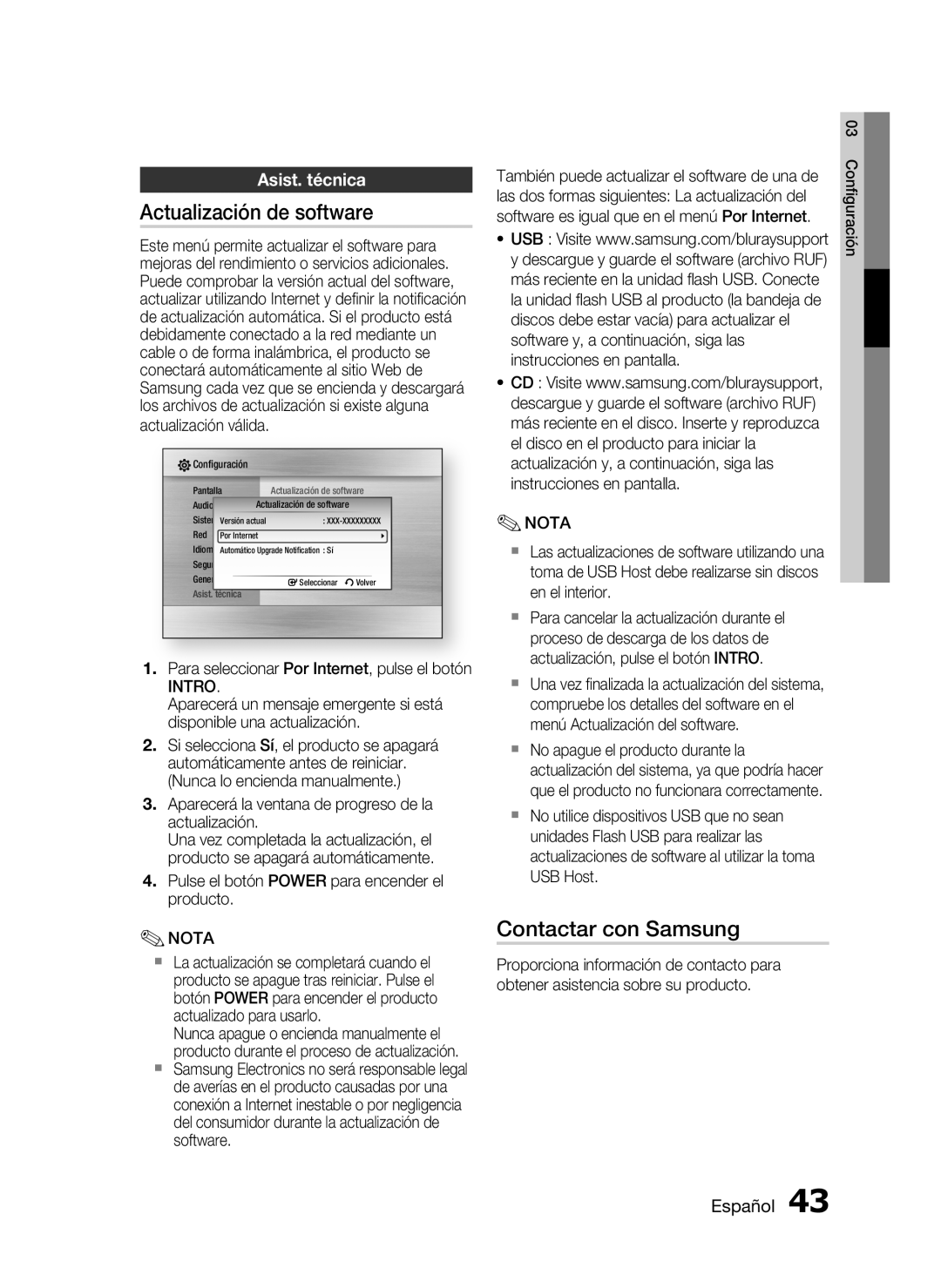 Samsung HT-C5500/XEF, HT-C5550/XEF manual Actualización de software, Contactar con Samsung, Asist. técnica 