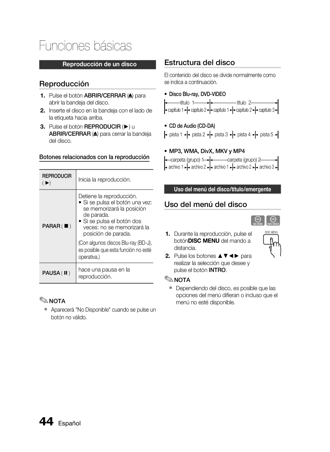 Samsung HT-C5550/XEF, HT-C5500/XEF manual Funciones básicas, Reproducción, Estructura del disco, Uso del menú del disco 