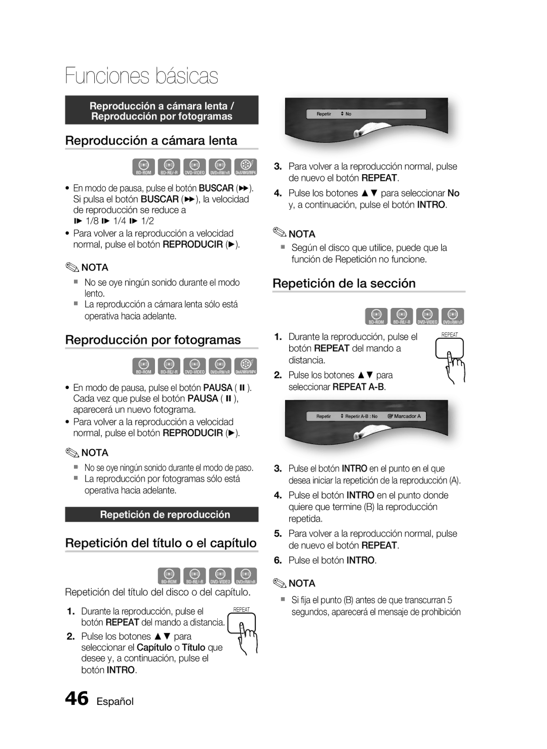 Samsung HT-C5550/XEF manual Reproducción a cámara lenta, Reproducción por fotogramas, Repetición del título o el capítulo 