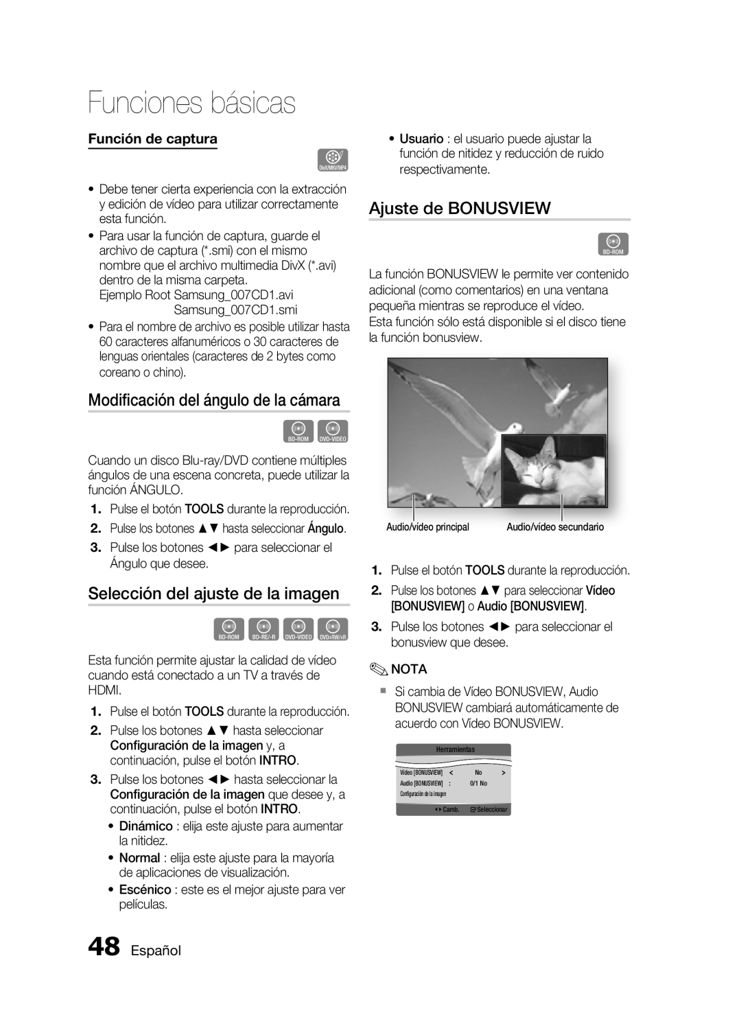 Samsung HT-C5550/XEF manual Modiﬁcación del ángulo de la cámara, Selección del ajuste de la imagen, Ajuste de Bonusview 