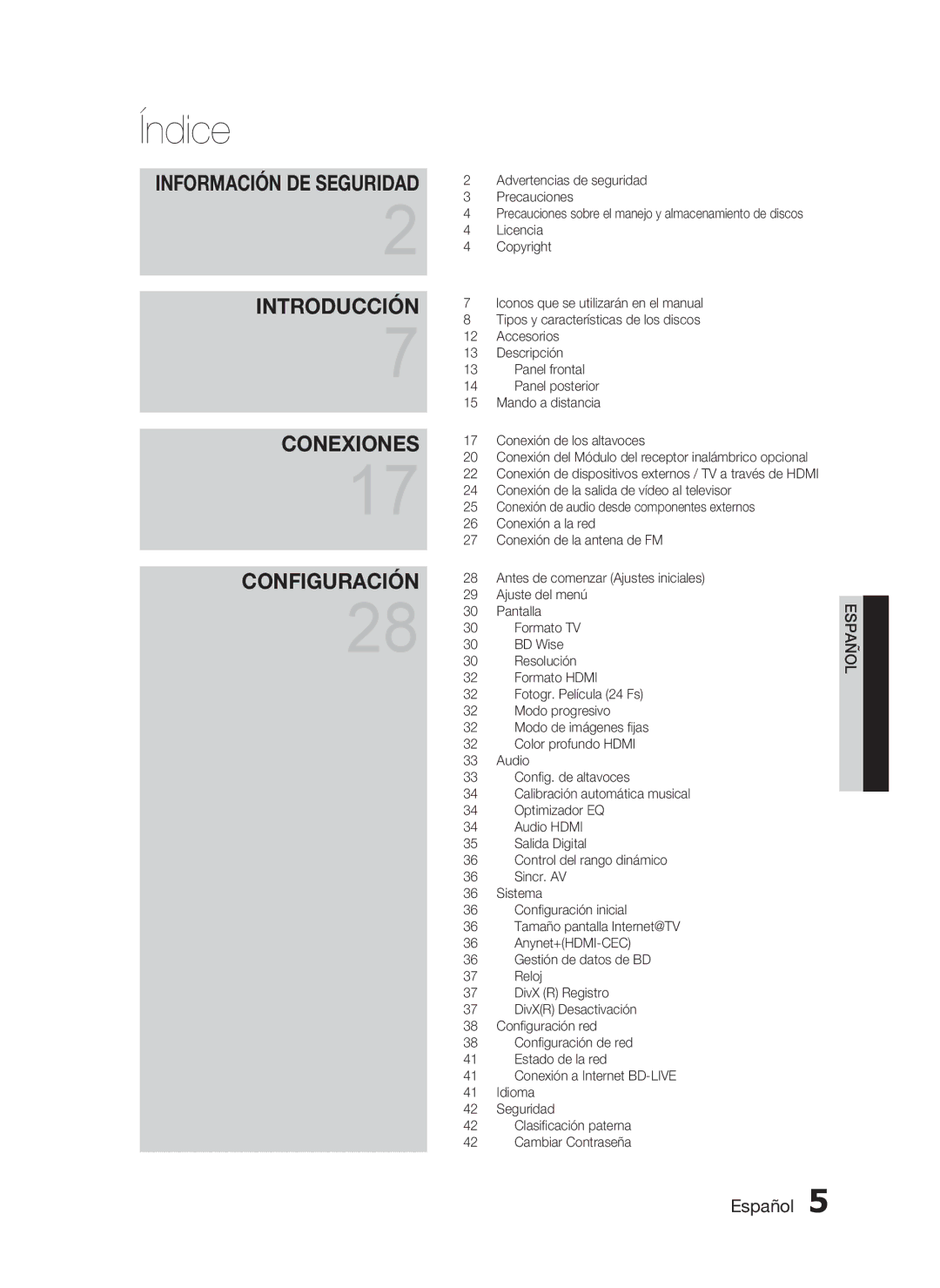 Samsung HT-C5500/XEF, HT-C5550/XEF manual Índice, Información DE Seguridad 