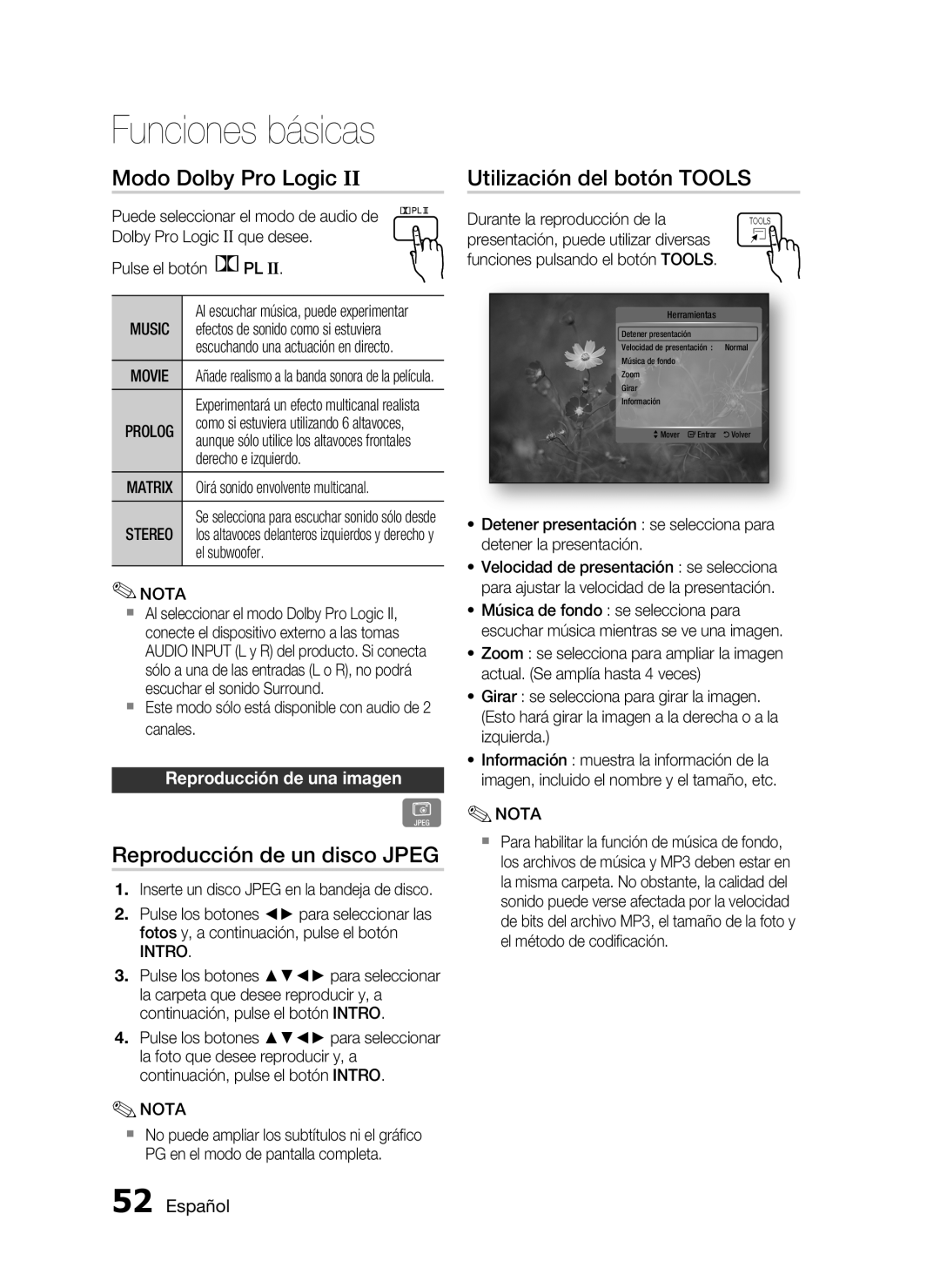 Samsung HT-C5550/XEF, HT-C5500/XEF Modo Dolby Pro Logic, Reproducción de un disco Jpeg, Utilización del botón Tools, Music 