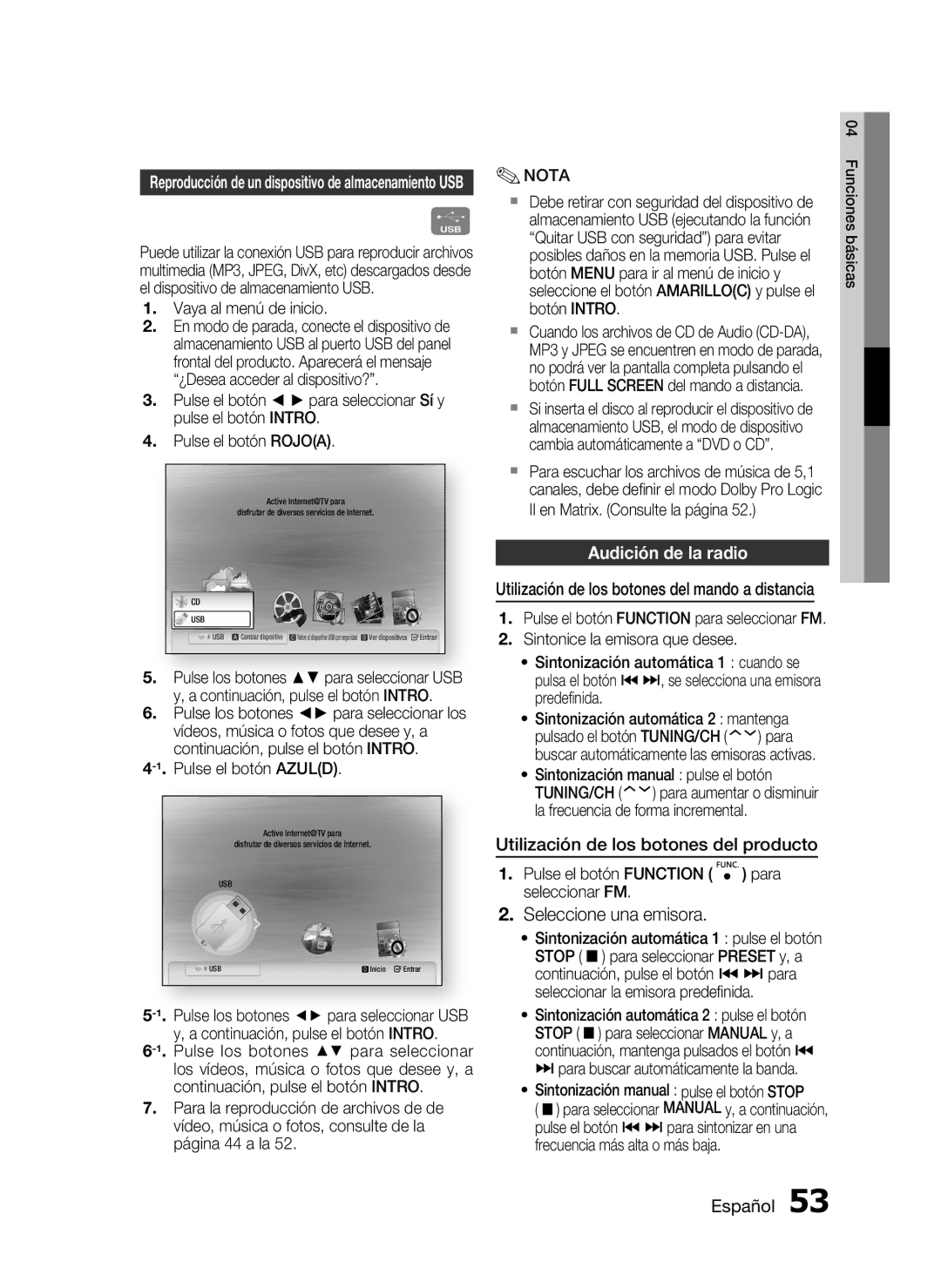 Samsung HT-C5500/XEF, HT-C5550/XEF manual Audición de la radio, Utilización de los botones del producto 