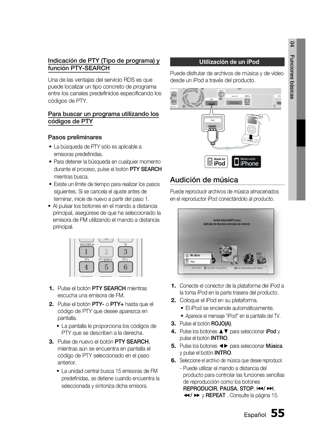 Samsung HT-C5500/XEF Audición de música, Indicación de PTY Tipo de programa y Función PTY-SEARCH, Utilización de un iPod 