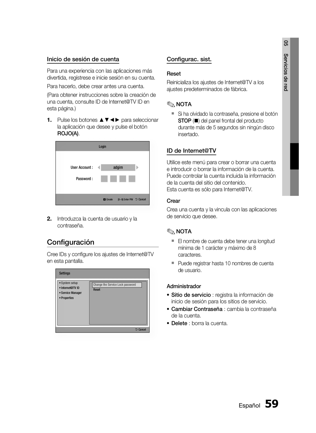 Samsung HT-C5500/XEF, HT-C5550/XEF manual Conﬁguración, Inicio de sesión de cuenta, Conﬁgurac. sist, ID de Internet@TV 