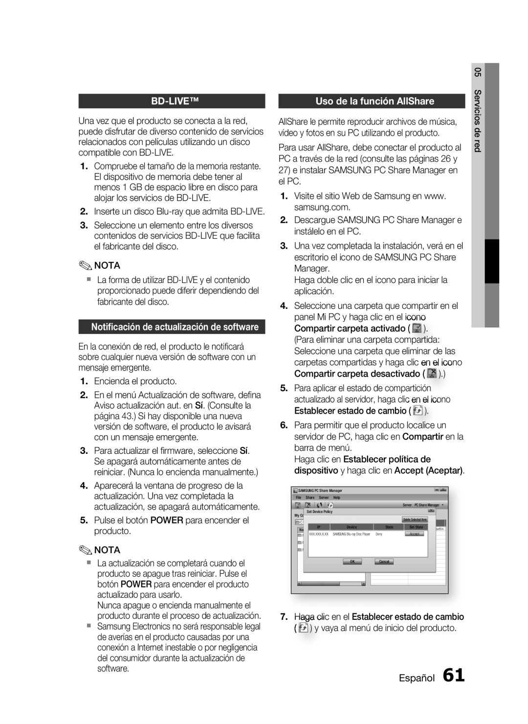 Samsung HT-C5500/XEF, HT-C5550/XEF manual Uso de la función AllShare, Inserte un disco Blu-ray que admita BD-LIVE 