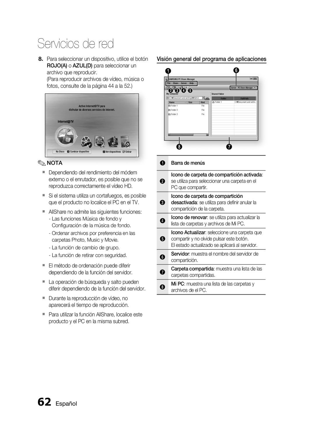 Samsung HT-C5550/XEF manual Visión general del programa de aplicaciones,  AllShare no admite las siguientes funciones 