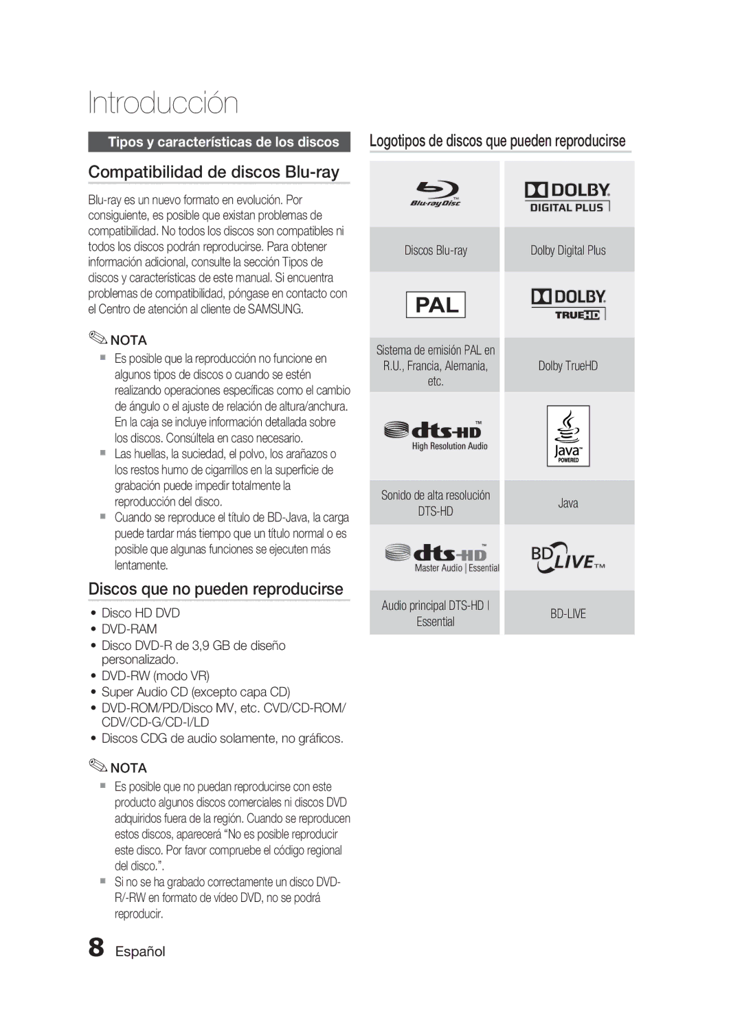 Samsung HT-C5550/XEF, HT-C5500/XEF manual Compatibilidad de discos Blu-ray, Discos que no pueden reproducirse, Dvd-Ram 