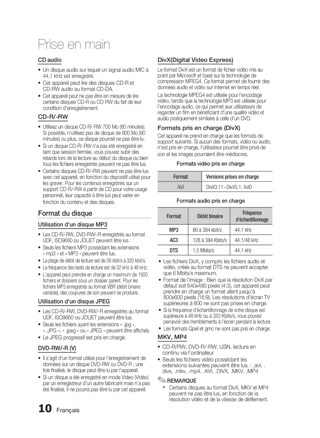 Samsung HT-C5500/XEF, HT-C5550/XEF, HT-C5530/XEF, HT-C5530/EDC manual Format du disque 