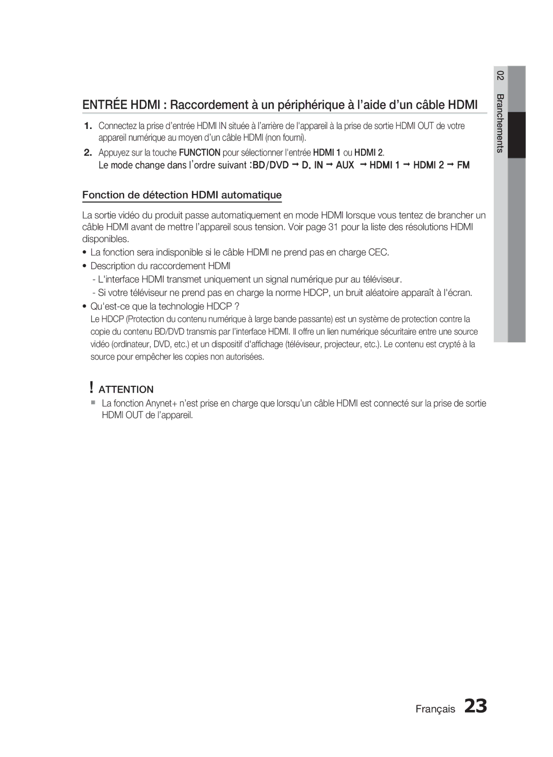 Samsung HT-C5530/EDC, HT-C5550/XEF, HT-C5530/XEF, HT-C5500/XEF manual Fonction de détection Hdmi automatique 