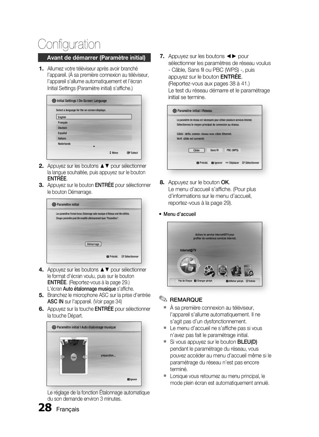 Samsung HT-C5550/XEF Conﬁguration, Avant de démarrer Paramètre initial, Entrée, Appuyez sur le bouton OK, Menu d’accueil 