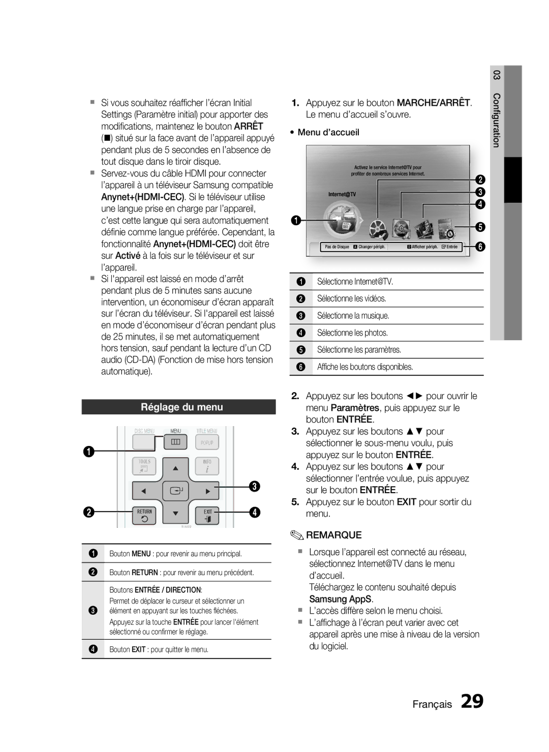 Samsung HT-C5530/XEF, HT-C5550/XEF, HT-C5500/XEF, HT-C5530/EDC manual Réglage du menu 