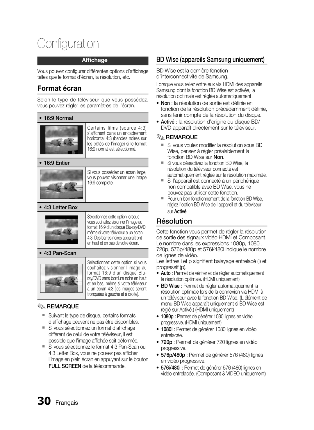 Samsung HT-C5500/XEF, HT-C5550/XEF, HT-C5530/XEF, HT-C5530/EDC BD Wise appareils Samsung uniquement, Résolution, Afﬁchage 