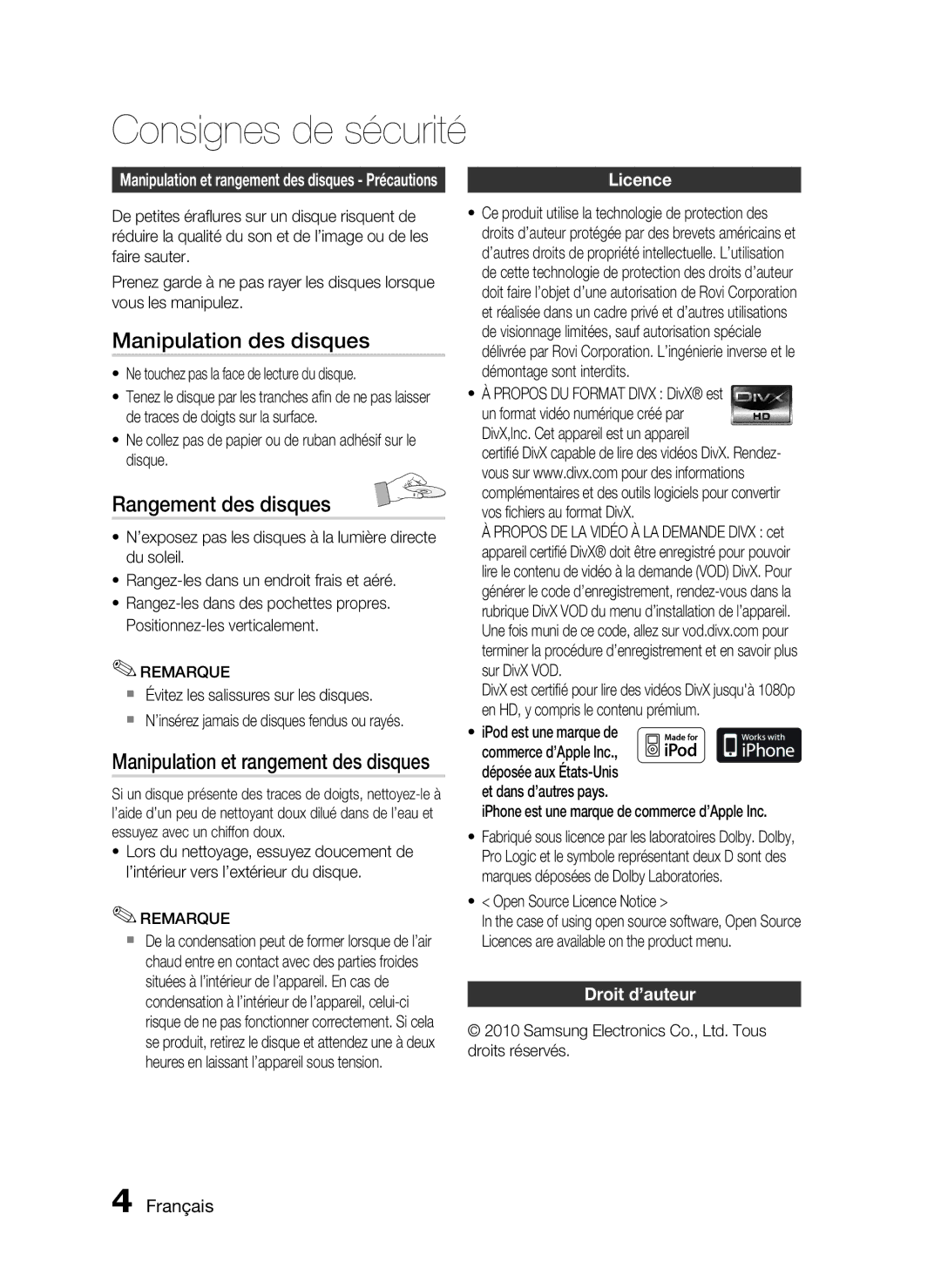 Samsung HT-C5550/XEF, HT-C5530/XEF manual Manipulation des disques, Rangement des disques, Licence, Droit d’auteur, Remarque 