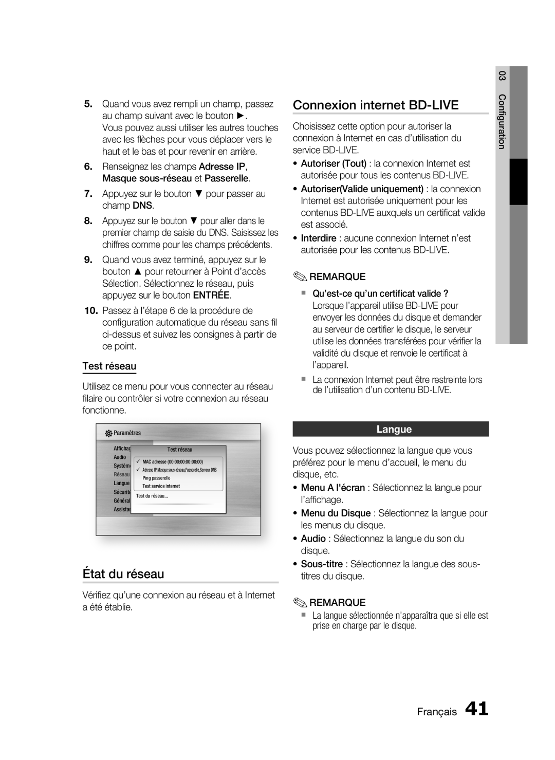 Samsung HT-C5530/XEF, HT-C5550/XEF, HT-C5500/XEF manual État du réseau, Connexion internet BD-LIVE, Test réseau, Langue 