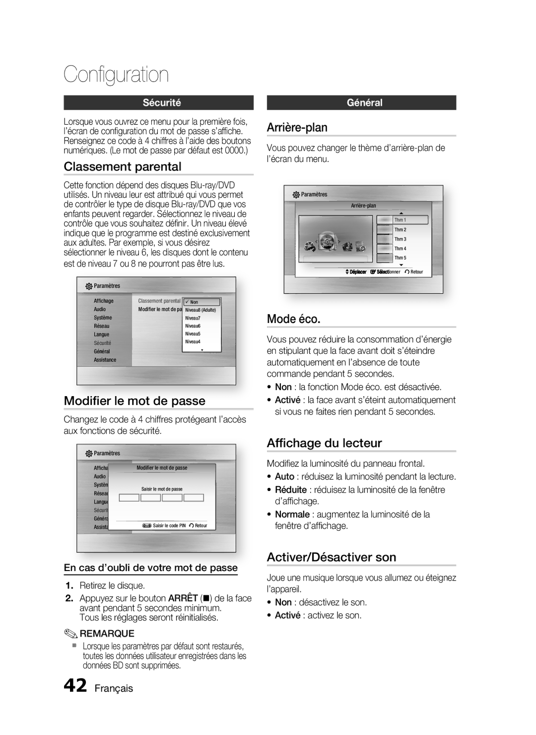 Samsung HT-C5500/XEF manual Classement parental, Modiﬁer le mot de passe, Arrière-plan, Mode éco, Afﬁchage du lecteur 