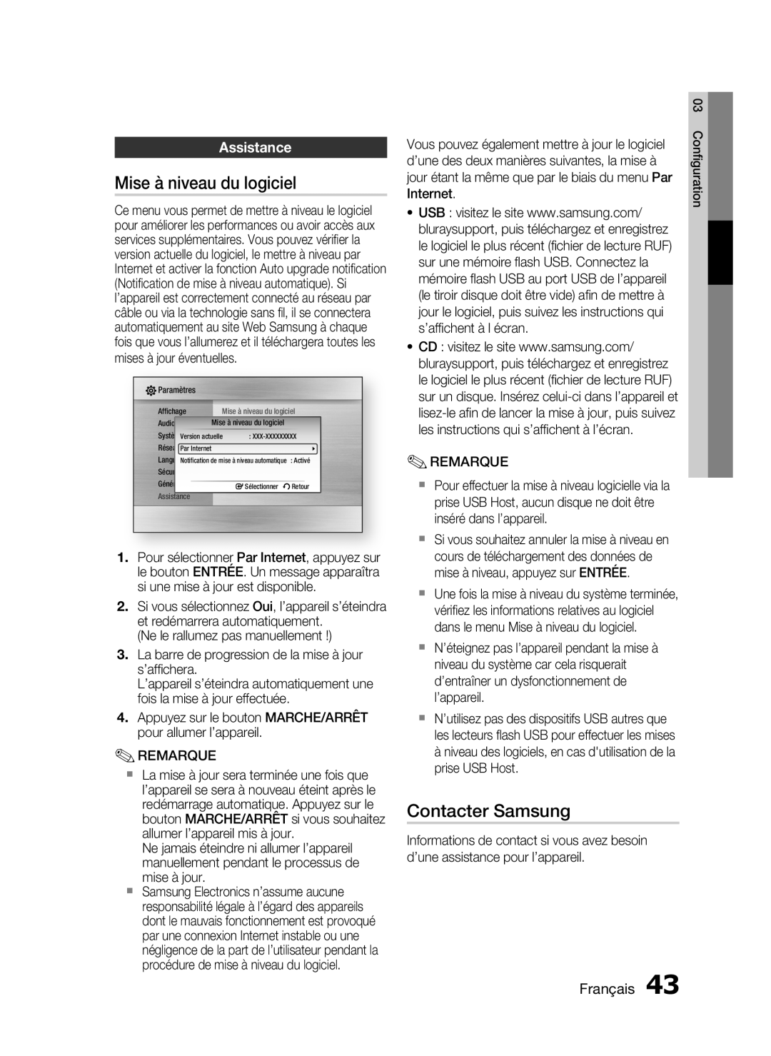 Samsung HT-C5530/EDC, HT-C5550/XEF, HT-C5530/XEF, HT-C5500/XEF manual Mise à niveau du logiciel, Contacter Samsung, Assistance 