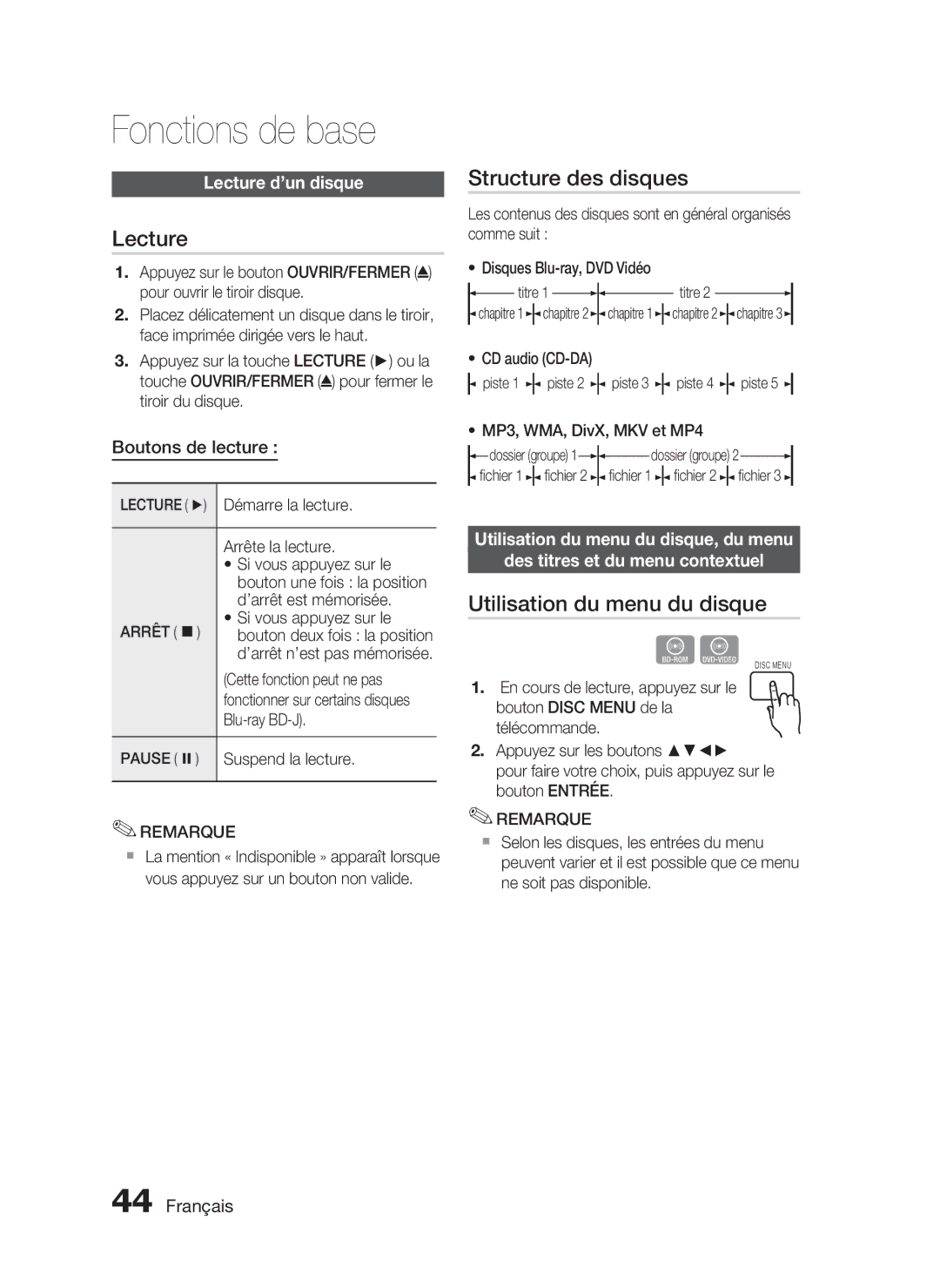 Samsung HT-C5550/XEF Fonctions de base, Structure des disques, Utilisation du menu du disque, Lecture d’un disque 