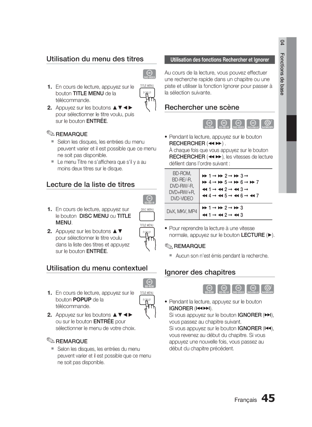 Samsung HT-C5530/XEF, HT-C5550/XEF Utilisation du menu des titres, Rechercher une scène, Lecture de la liste de titres 