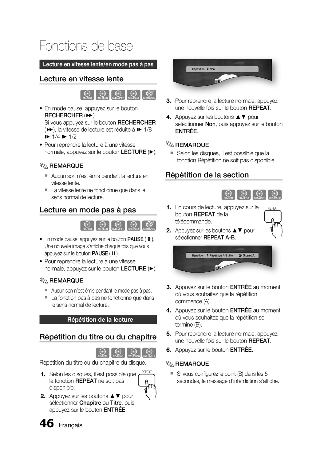 Samsung HT-C5500/XEF, HT-C5550/XEF Lecture en vitesse lente, Lecture en mode pas à pas, Répétition du titre ou du chapitre 