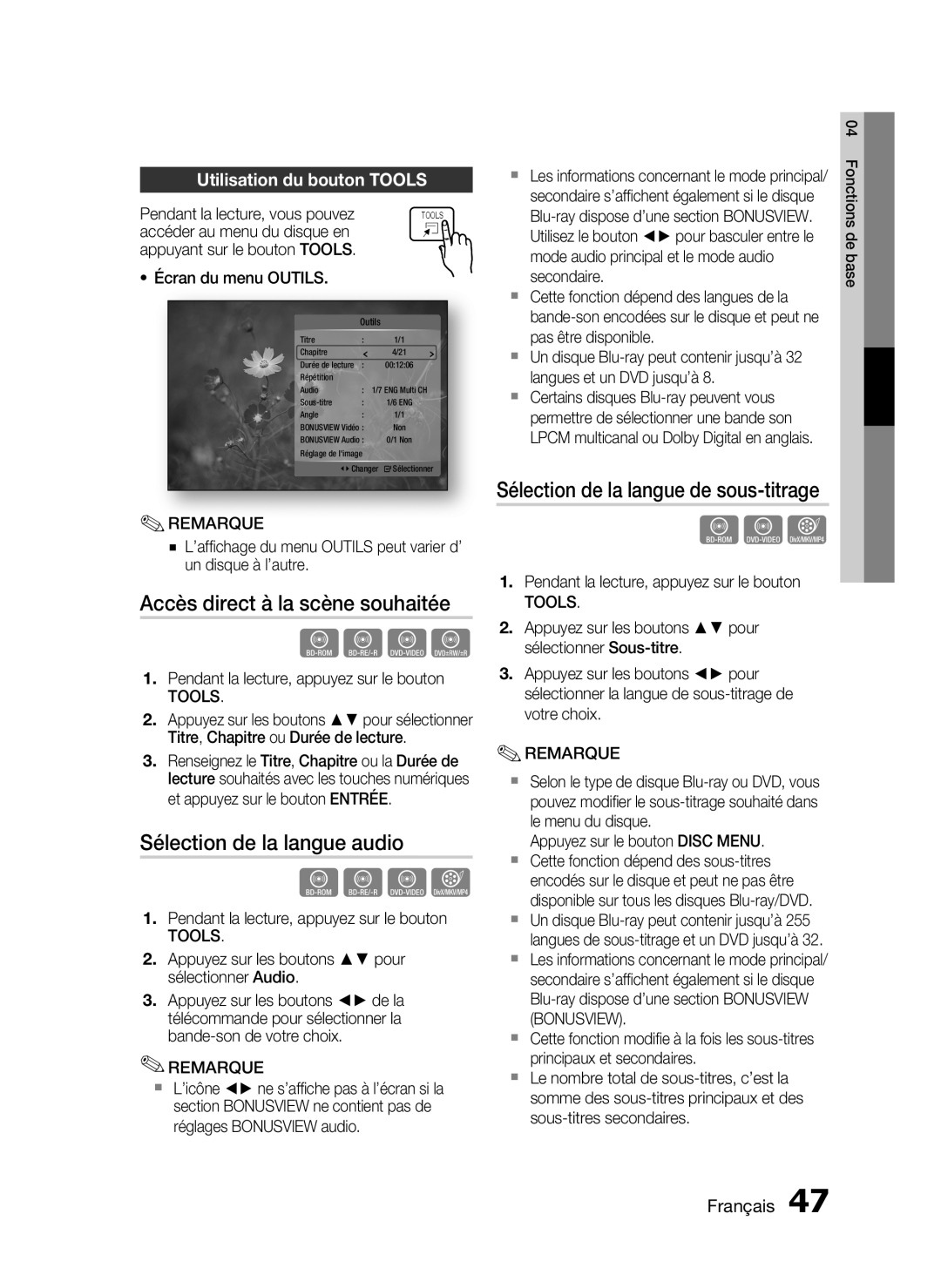 Samsung HT-C5530/EDC manual Accès direct à la scène souhaitée, Sélection de la langue audio, Utilisation du bouton Tools 