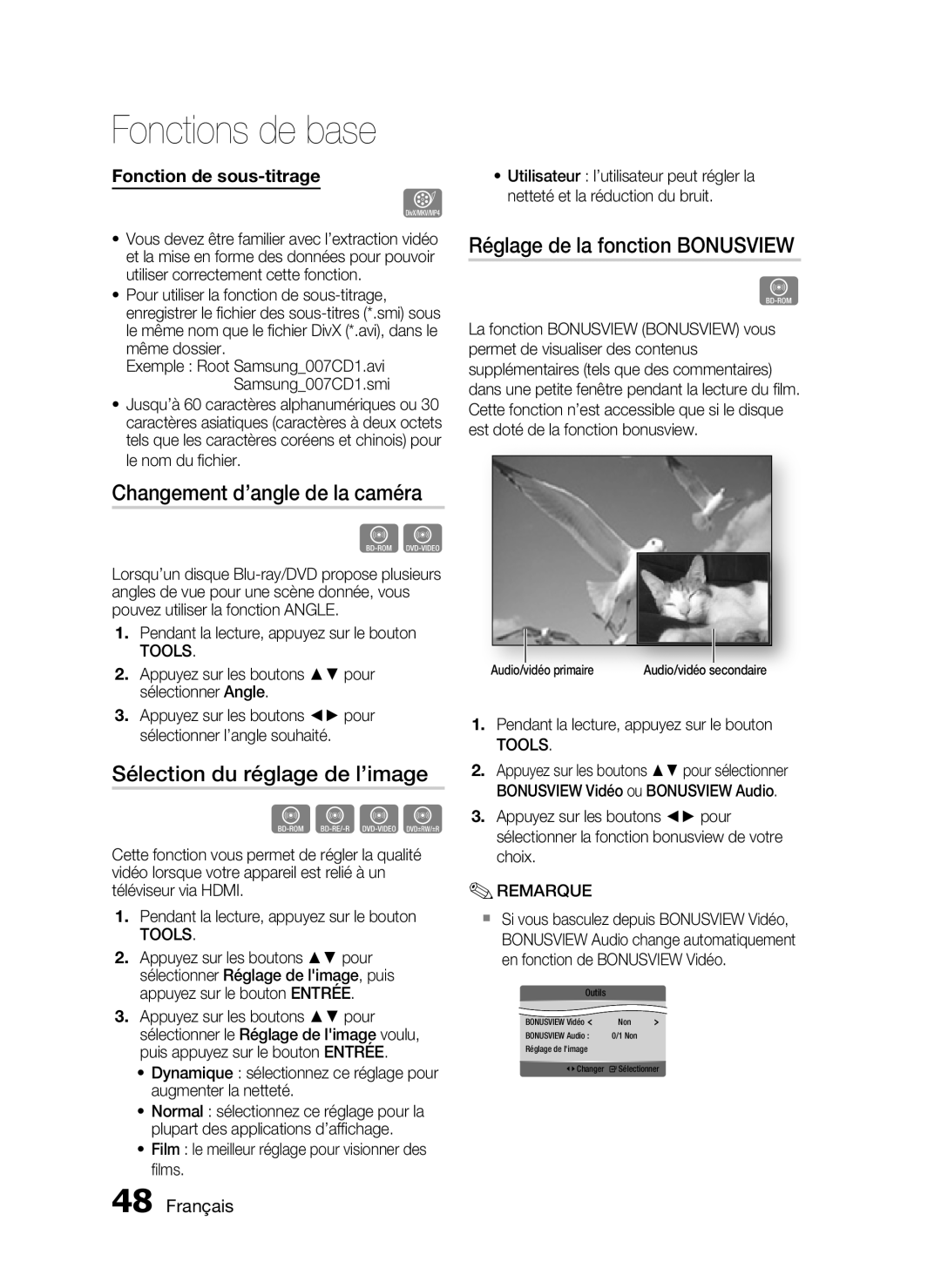 Samsung HT-C5550/XEF Changement d’angle de la caméra, Sélection du réglage de l’image, Réglage de la fonction Bonusview 