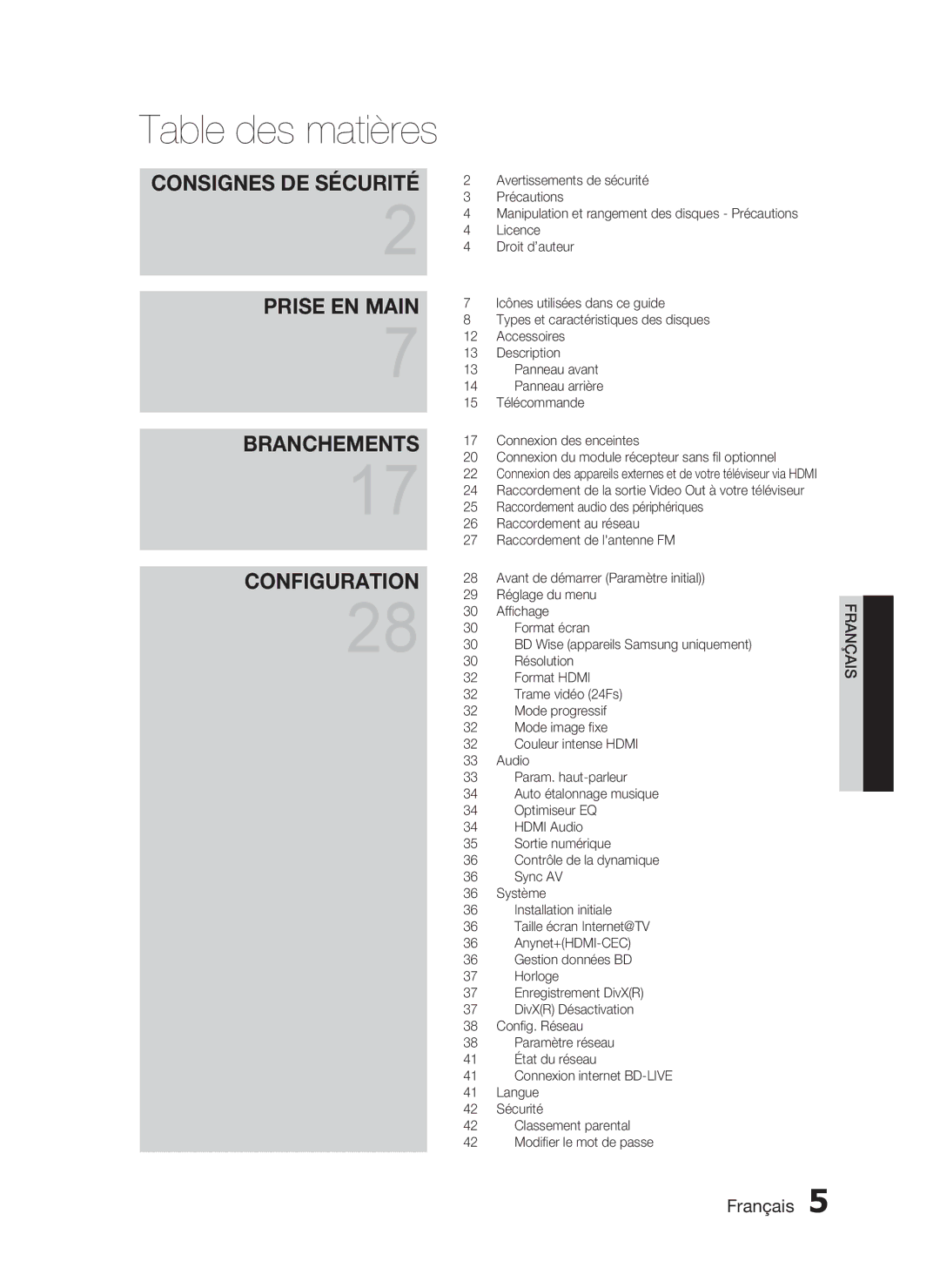 Samsung HT-C5530/XEF, HT-C5550/XEF, HT-C5500/XEF, HT-C5530/EDC manual Table des matières, Consignes DE Sécurité 