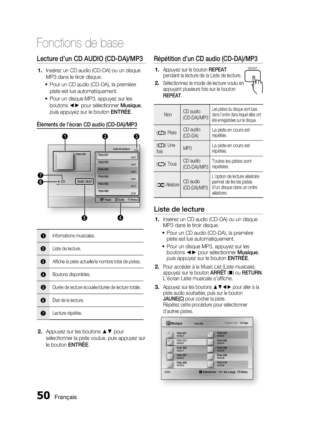 Samsung HT-C5500/XEF Répétition d’un CD audio CD-DA/MP3, Liste de lecture, Éléments de l’écran CD audio CD-DA/MP3, Repeat 