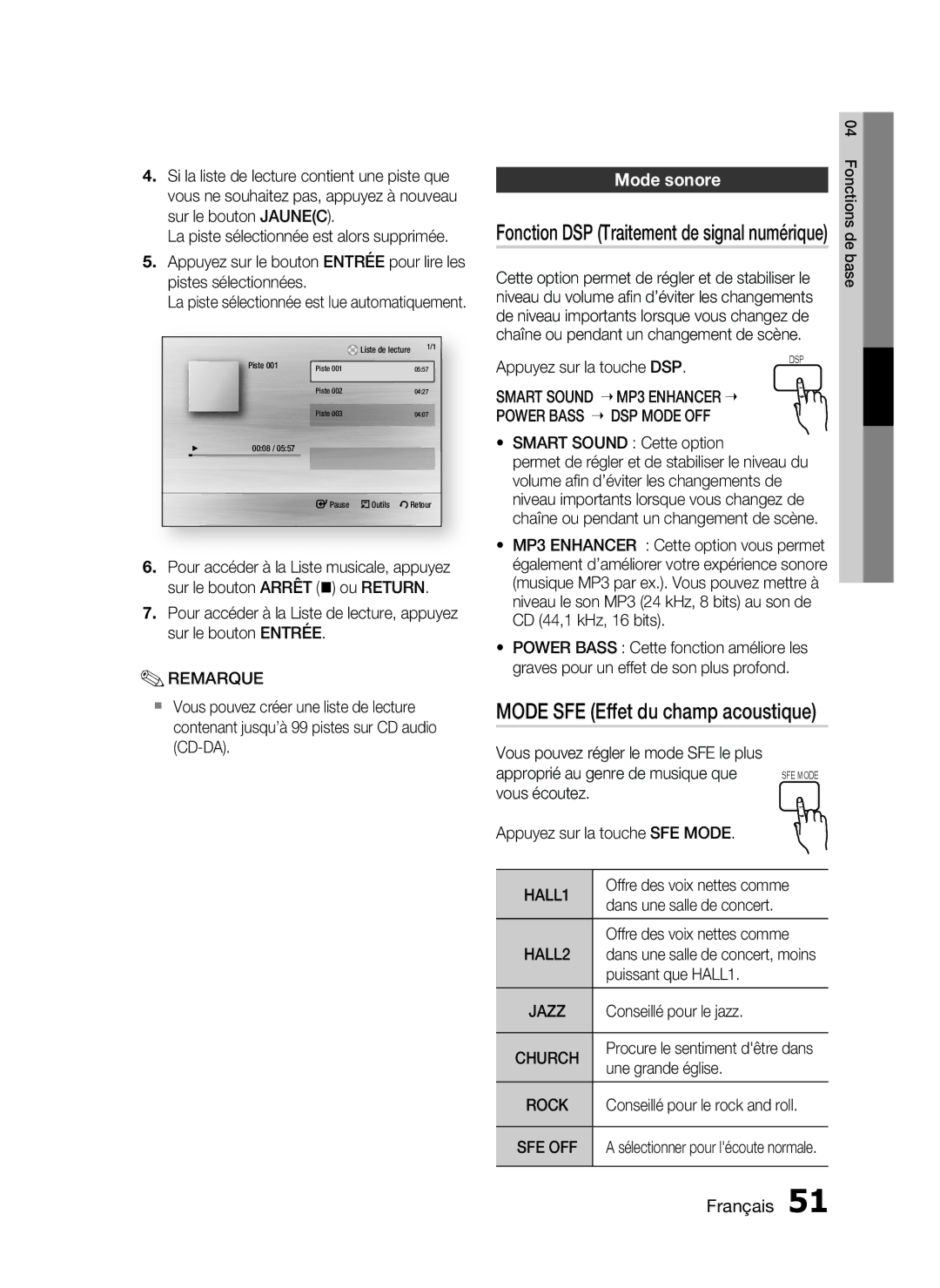 Samsung HT-C5530/EDC, HT-C5550/XEF, HT-C5530/XEF, HT-C5500/XEF manual Mode SFE Effet du champ acoustique, Mode sonore 