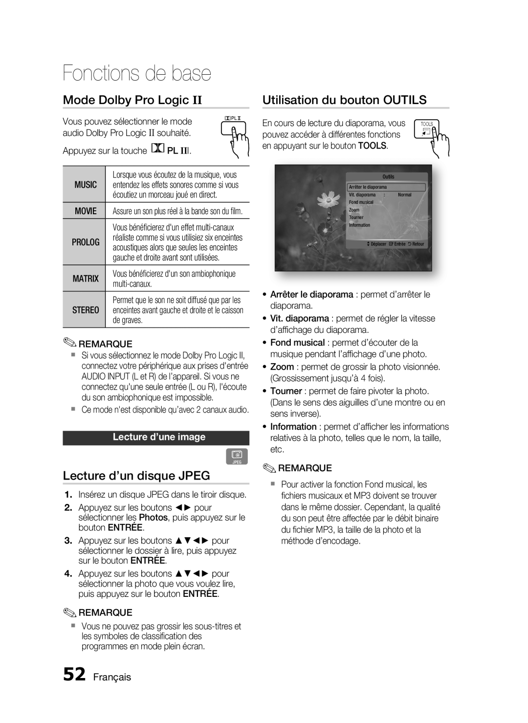 Samsung HT-C5550/XEF Mode Dolby Pro Logic, Lecture d’un disque Jpeg, Utilisation du bouton Outils, Lecture d’une image 