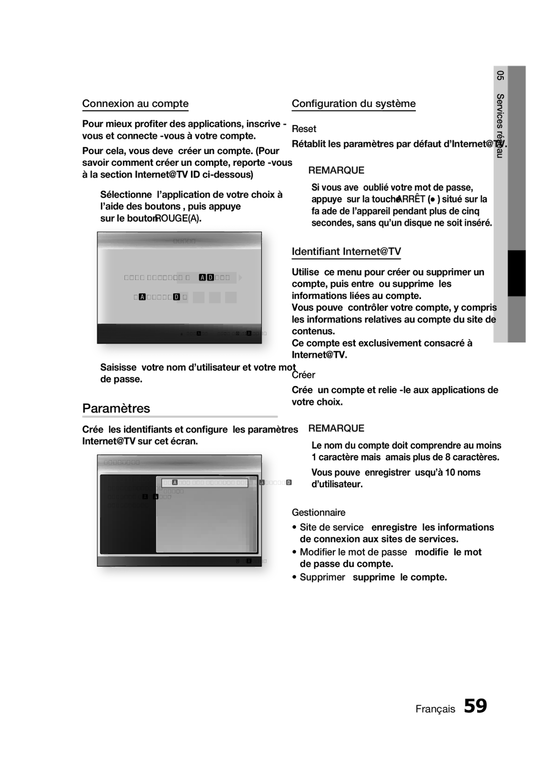 Samsung HT-C5530/EDC, HT-C5550/XEF manual Paramètres, Connexion au compte, Conﬁguration du système, Identiﬁant Internet@TV 