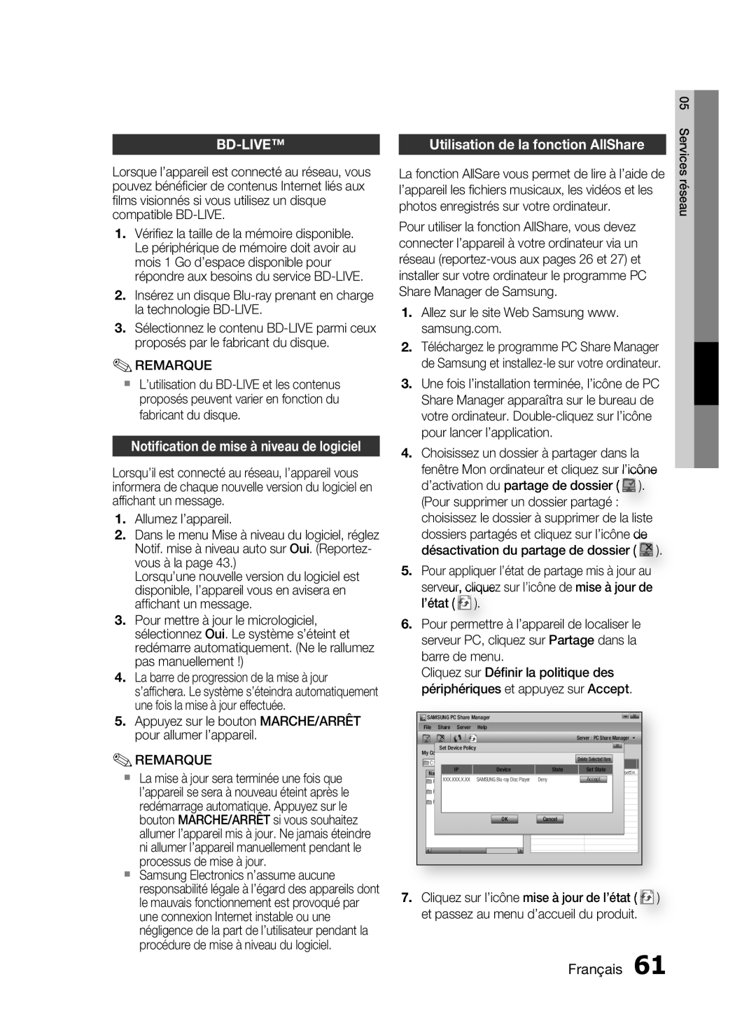 Samsung HT-C5530/XEF, HT-C5550/XEF manual Notiﬁcation de mise à niveau de logiciel, Utilisation de la fonction AllShare 