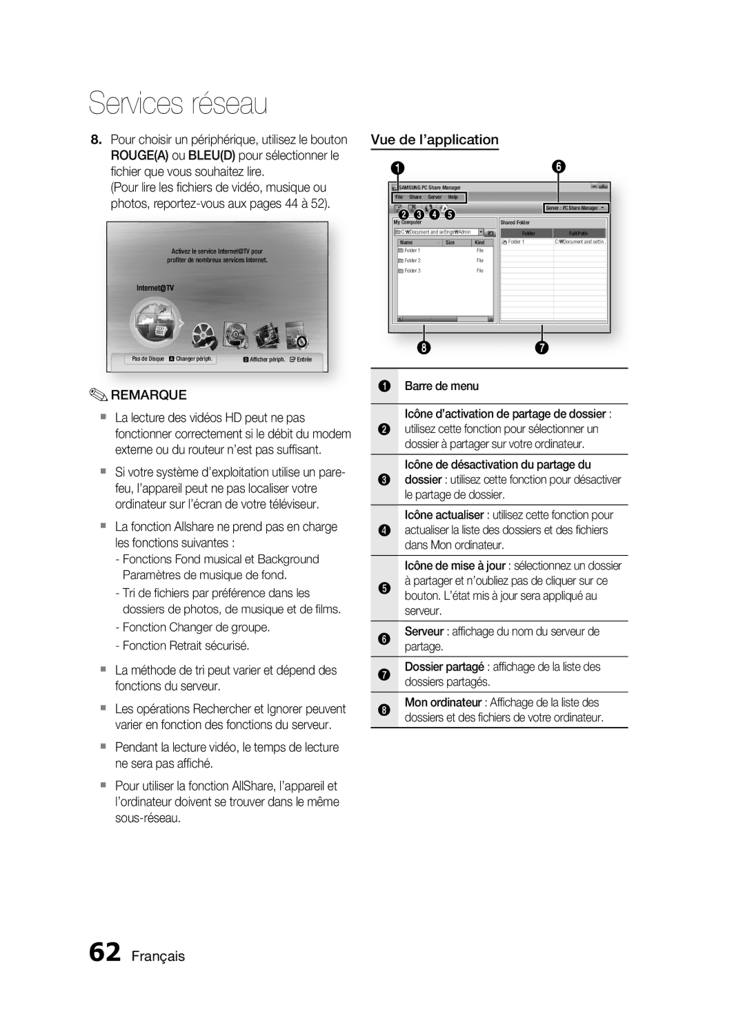 Samsung HT-C5500/XEF, HT-C5550/XEF manual Vue de l’application, Barre de menu Icône d’activation de partage de dossier 