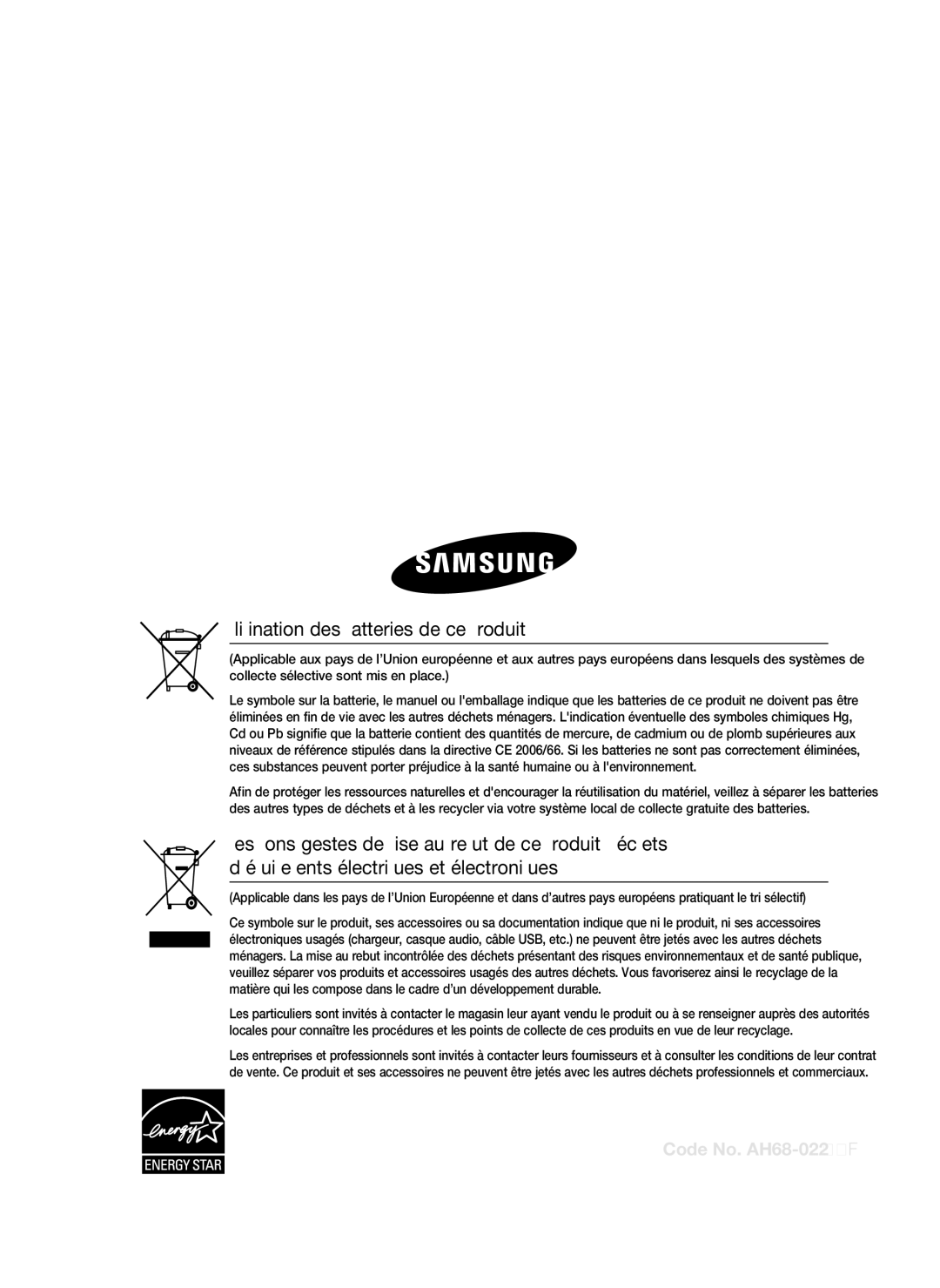 Samsung HT-C5530/XEF, HT-C5550/XEF, HT-C5500/XEF, HT-C5530/EDC manual Elimination des batteries de ce produit 