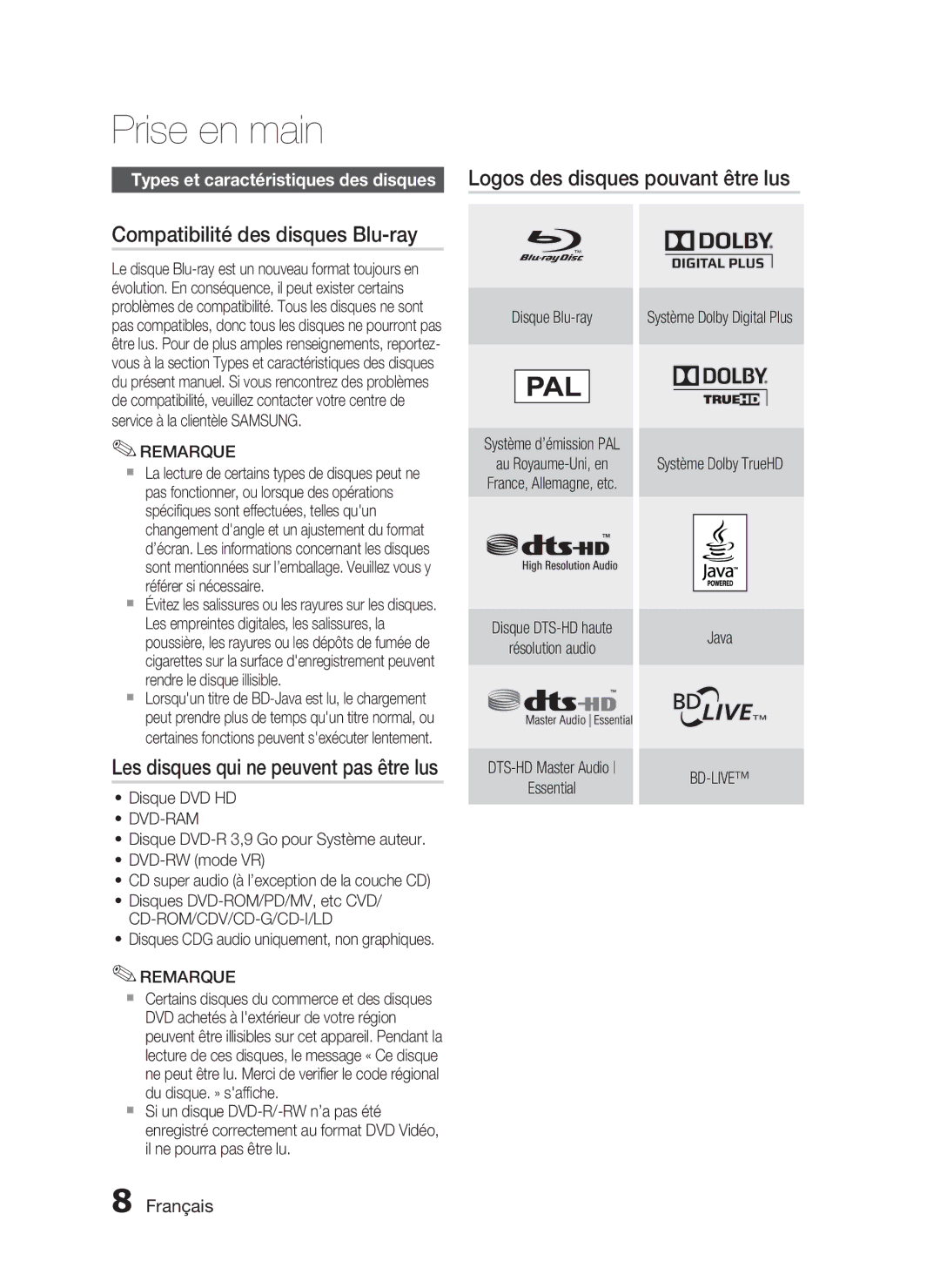 Samsung HT-C5550/XEF, HT-C5530/XEF, HT-C5500/XEF, HT-C5530/EDC manual Compatibilité des disques Blu-ray, Dvd-Ram, Bd-Live 