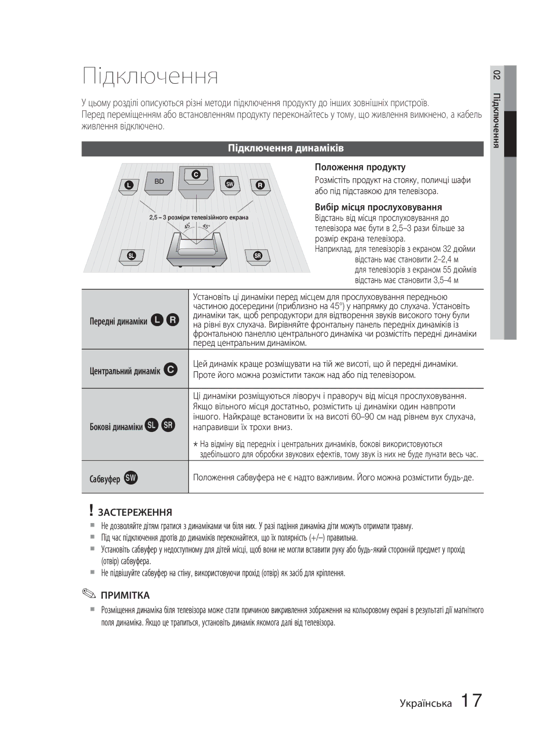 Samsung HT-C5550P/XER, HT-C5550/XER, HT-C5500/XER manual Підключення динаміків 