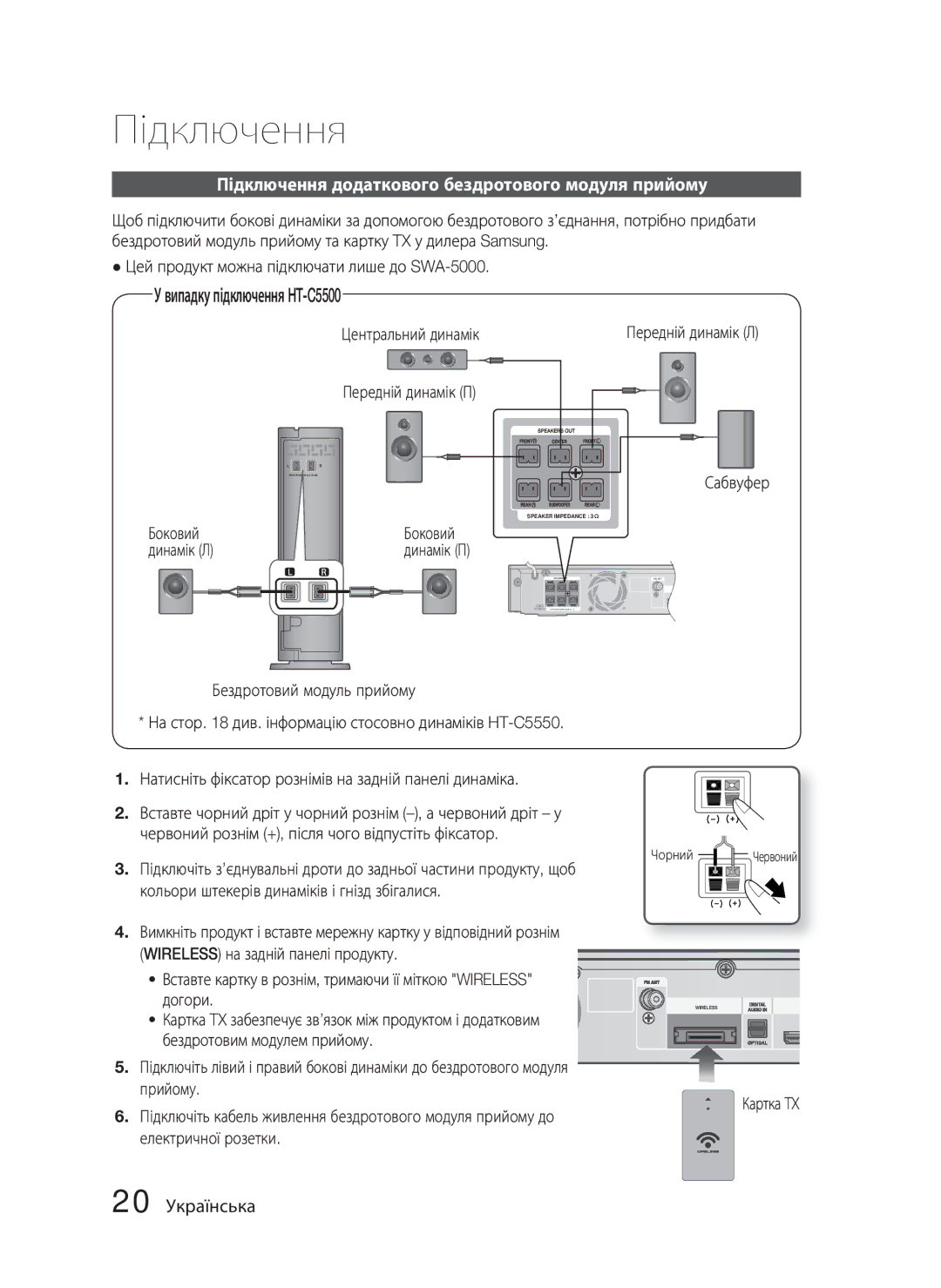 Samsung HT-C5550P/XER Підключення додаткового бездротового модуля прийому, 20 Українська, Передній динамік П Сабвуфер 