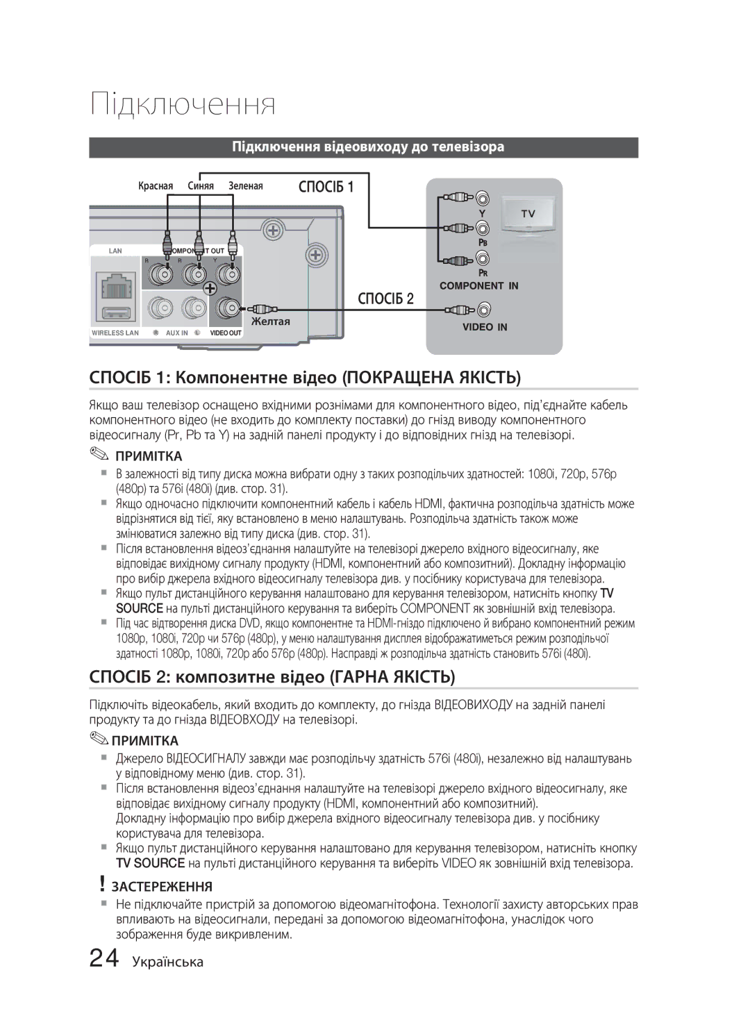 Samsung HT-C5500/XER Спосіб 1 Компонентне відео Покращена Якість, Спосіб 2 композитне відео Гарна Якість, 24 Українська 