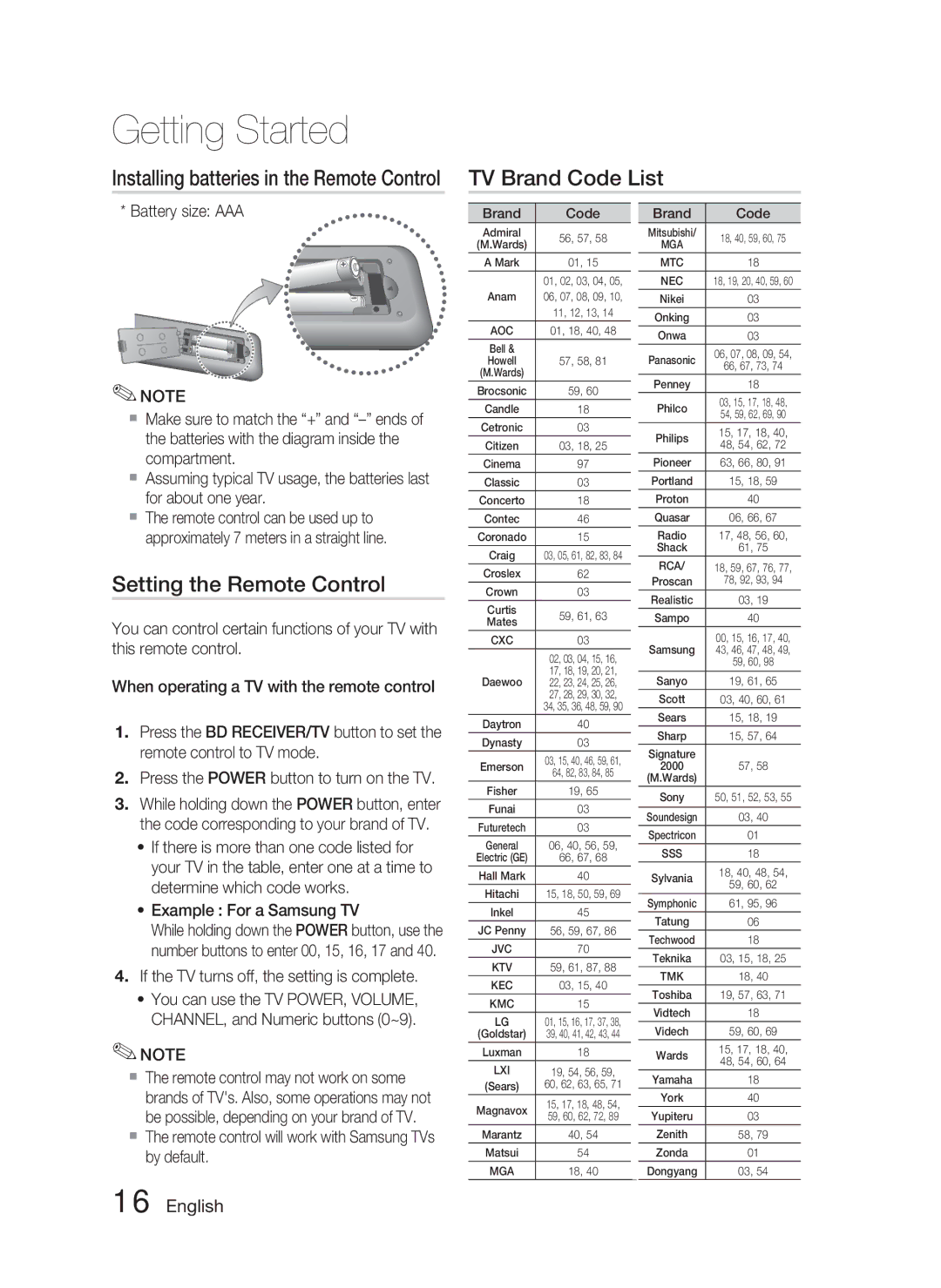 Samsung HT-C5550P/XER manual TV Brand Code List, Setting the Remote Control, Installing batteries in the Remote Control 